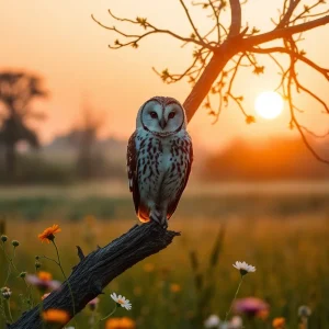 A barn owl perched on a tree branch with a scenic background