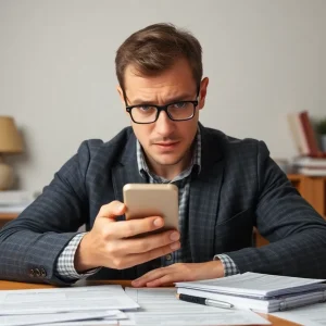 A concerned individual reviewing tax documents and a smartphone for potential scams