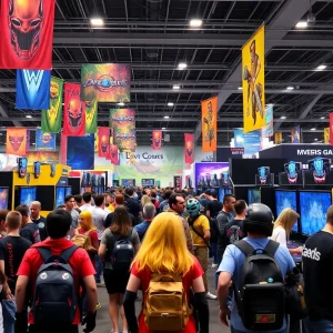 Fans enjoying the BlizzCon gaming convention with colorful decorations