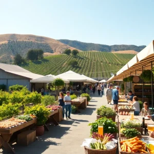 Vibrant California landscape with vineyards and markets