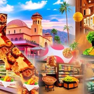A vibrant collage representing innovations in California businesses with AI technology and gourmet foods.