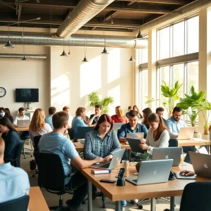 Entrepreneurs working in a sunny coworking space in California