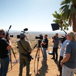 Film crew working on a set in California