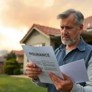 A concerned homeowner reviewing insurance papers with wildfire smoke in the background.