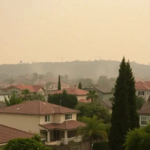 Homes in California with a backdrop of wildfire smoke