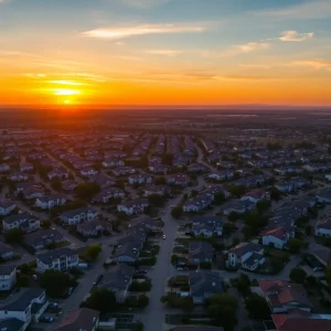 Aerial view of California housing complex during sunset