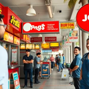 A bustling California street featuring fast-food restaurants and hiring signs.
