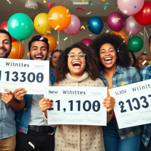 Group celebration of lottery winners in California.