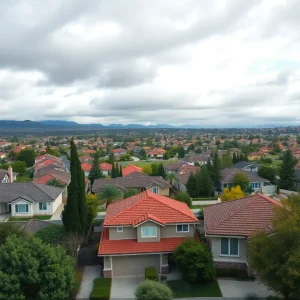 A California neighborhood featuring several houses with for sale signs amidst winter weather