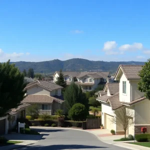California neighborhood with homes and wildfire impact in the background