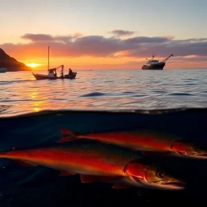 Scenic view of California coastline with fishing boats highlighting salmon fishing crisis.