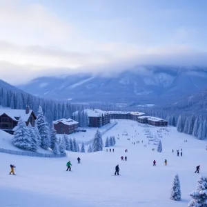 Skiers and snowboarders enjoying fresh snowfall at a California ski resort