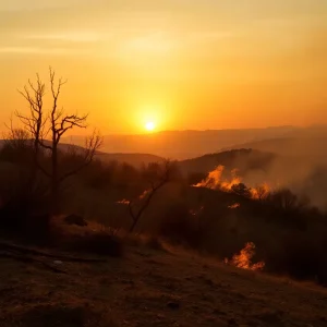 View of a burned California landscape with firefighting efforts