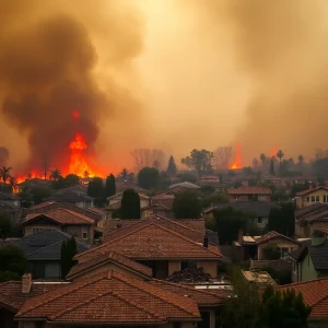 Destruction from California wildfires affecting homes and environment.