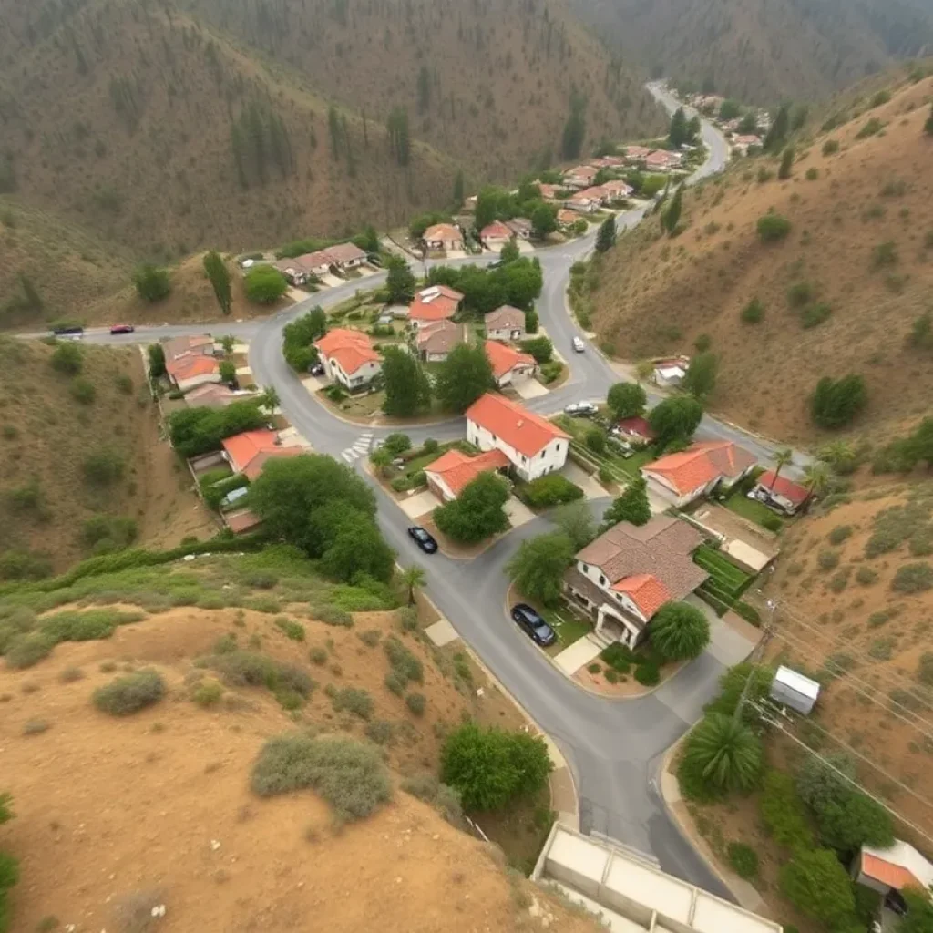 Aerial view of evacuation signs in canyon communities due to heavy rain in Orange County.