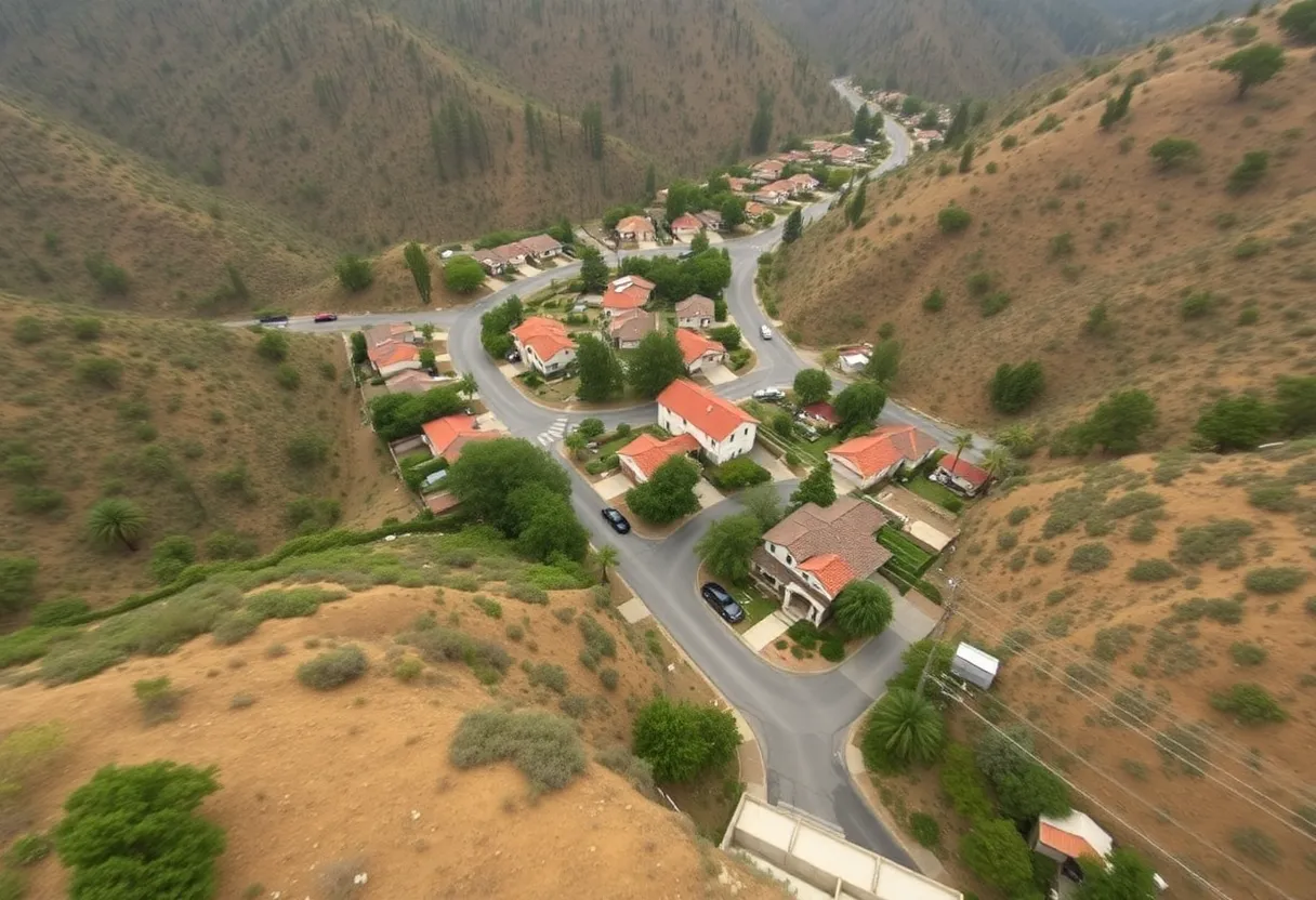 Aerial view of evacuation signs in canyon communities due to heavy rain in Orange County.