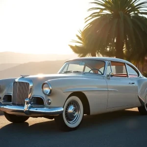 A vintage classic car parked in a sunny California landscape