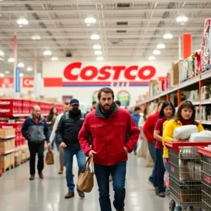 Costco store filled with shoppers, emphasizing a sense of community and vigilance.