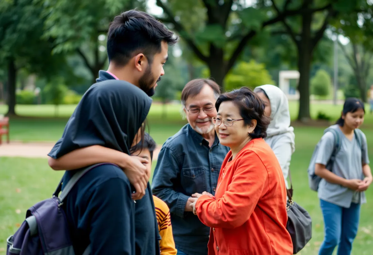 Emotional reunion between family members depicting separation and support in a park.