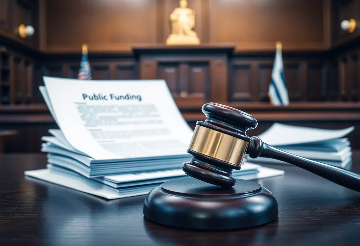 Illustration of a courtroom with legal materials for a lawsuit.