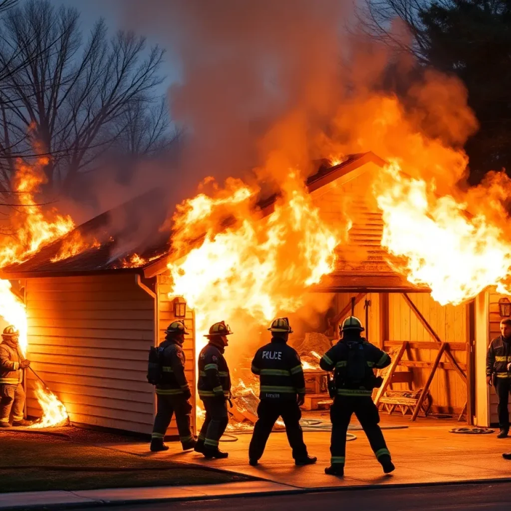 Firefighters and police officers rescuing a man from a burning garage in Santa Ana.