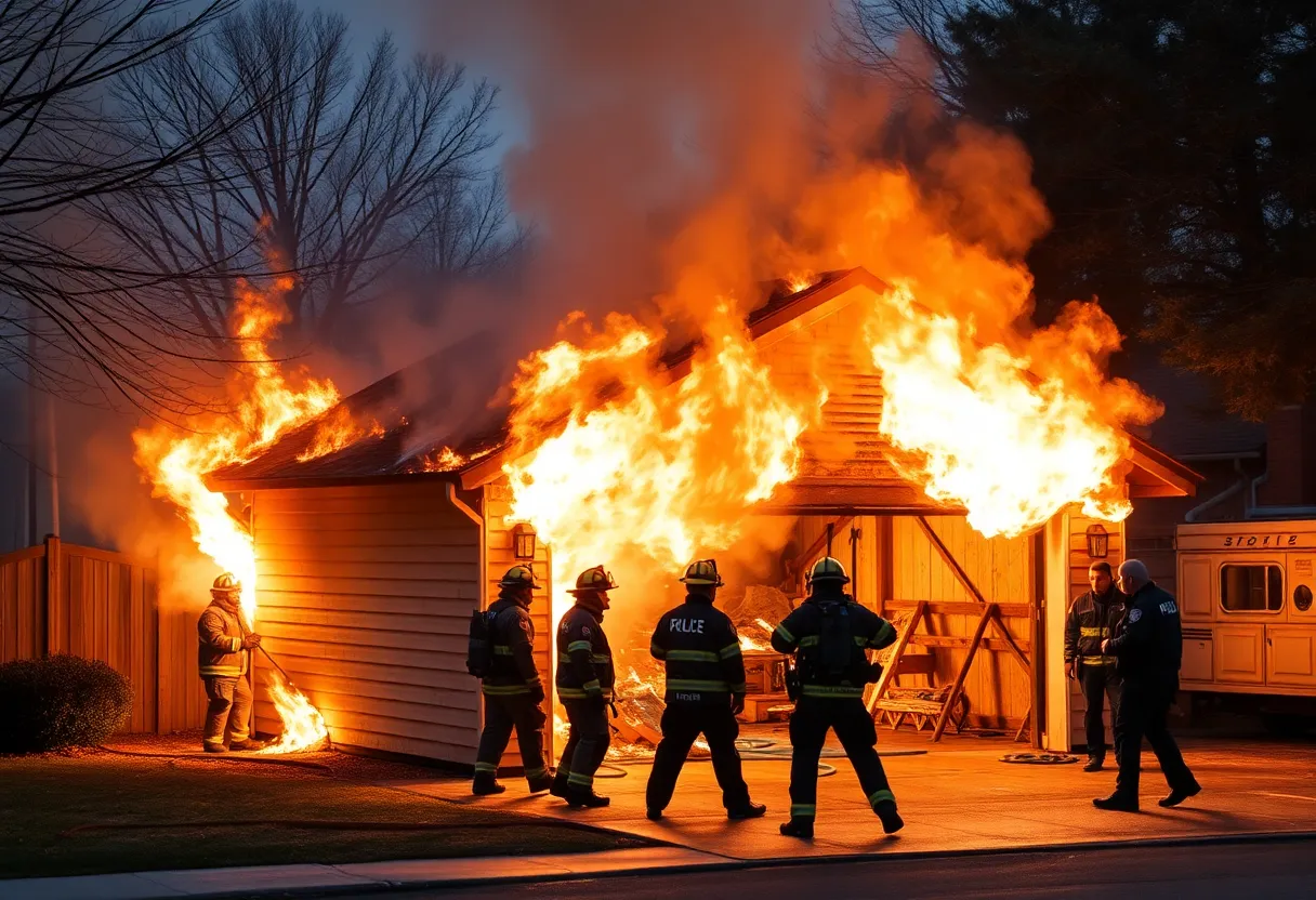 Firefighters and police officers rescuing a man from a burning garage in Santa Ana.