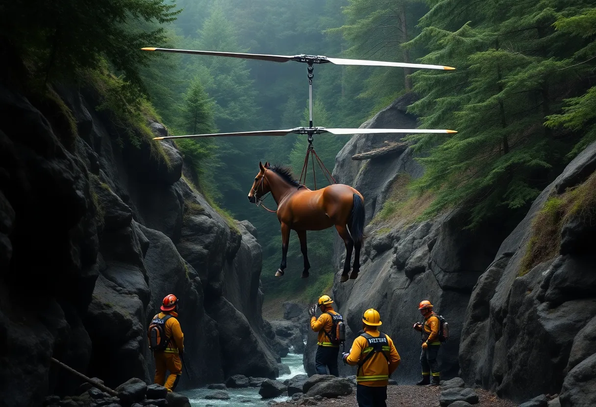 Firefighters conducting a rescue operation of a horse from a ravine with a helicopter