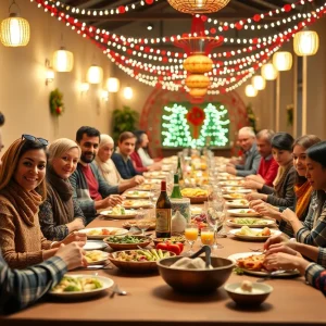 Community gathering at Iftar Dinner with traditional food