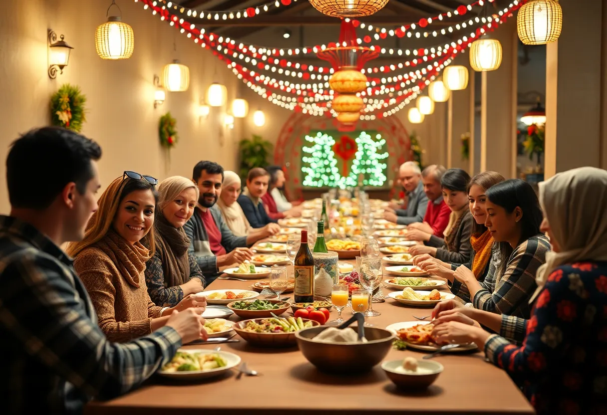 Community gathering at Iftar Dinner with traditional food