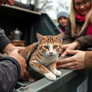 Community members rescuing an injured cat from a dumpster