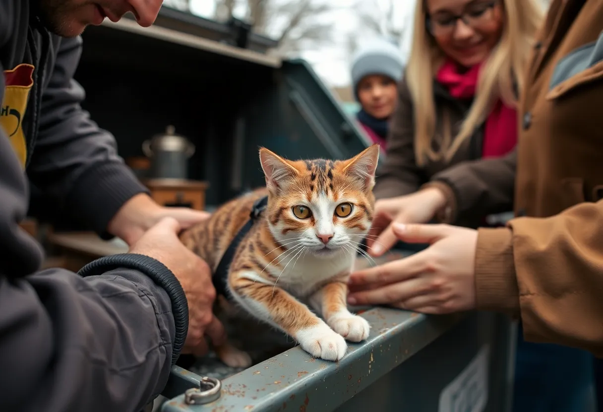 Community members rescuing an injured cat from a dumpster