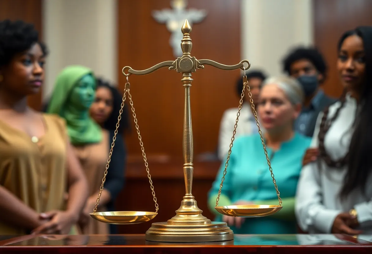 Symbol of justice in a diverse courtroom setting