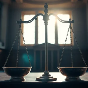 Scales of justice in a courtroom setting