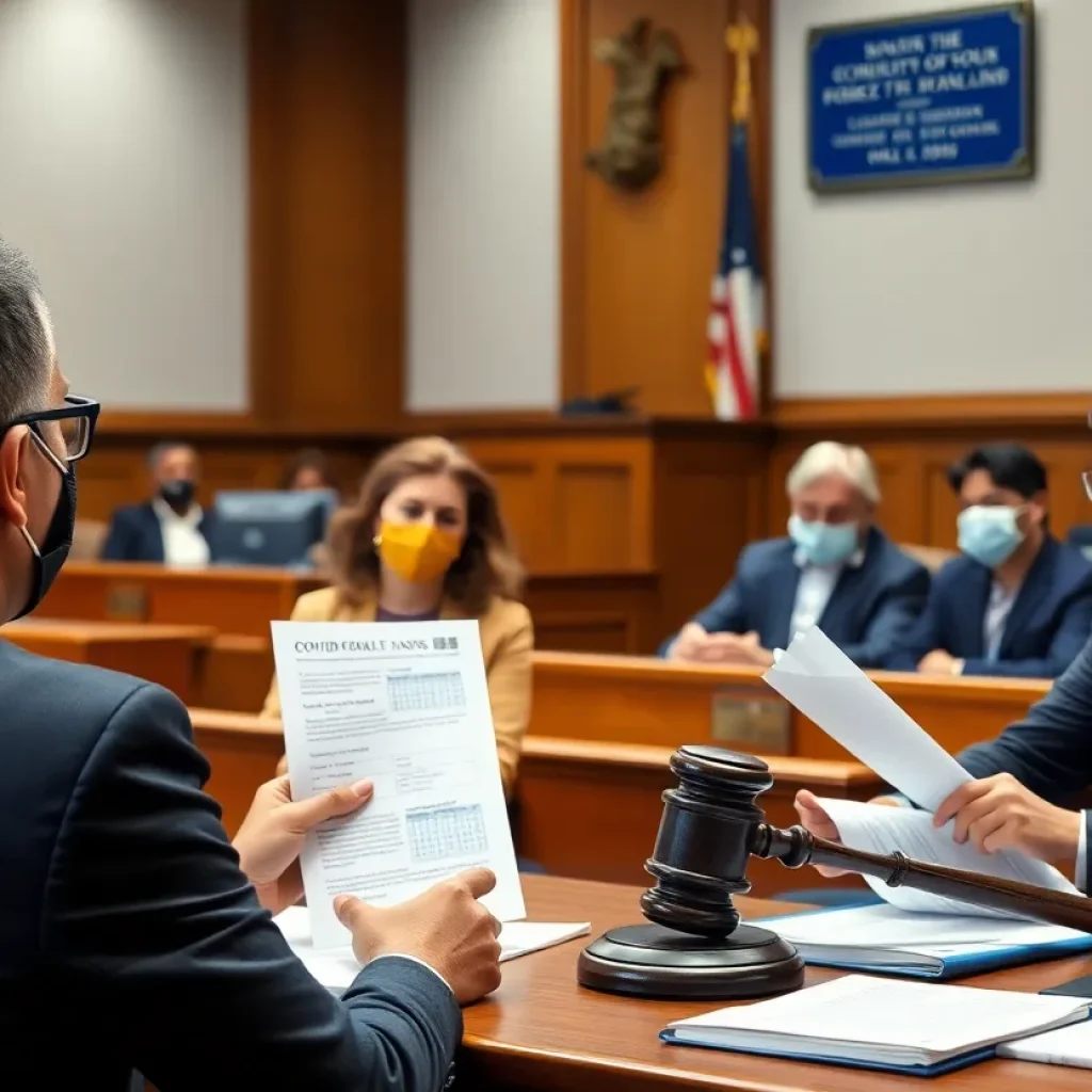 Image depicting a legal court scene related to COVID relief funds.