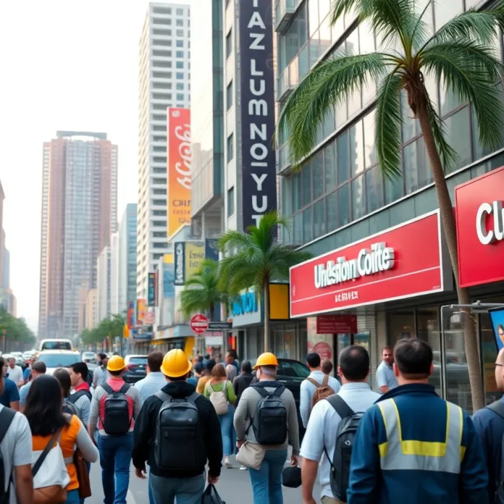 A vibrant street in Los Angeles with people looking for jobs and engaging in various activities.