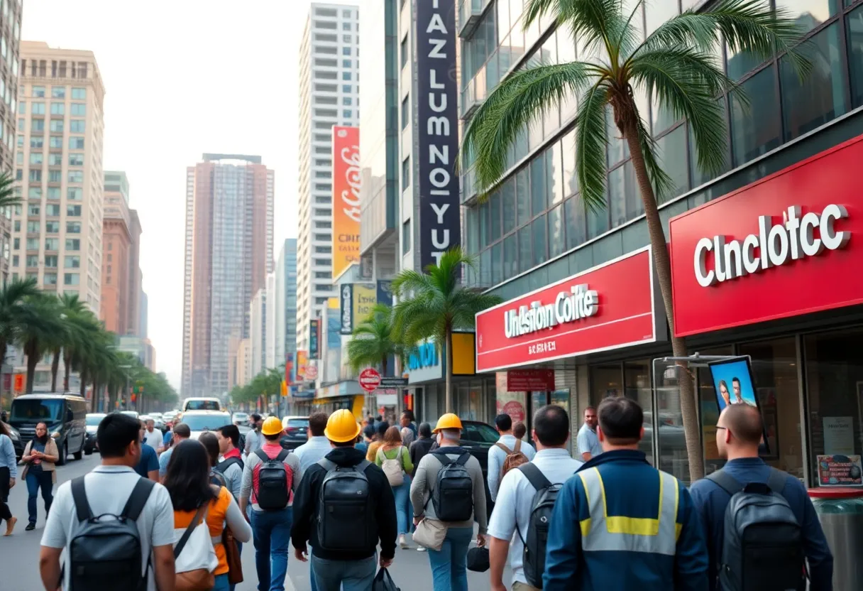 A vibrant street in Los Angeles with people looking for jobs and engaging in various activities.