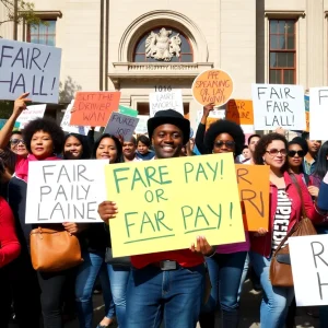 Rideshare drivers protesting for fair wages outside City Hall in Los Angeles