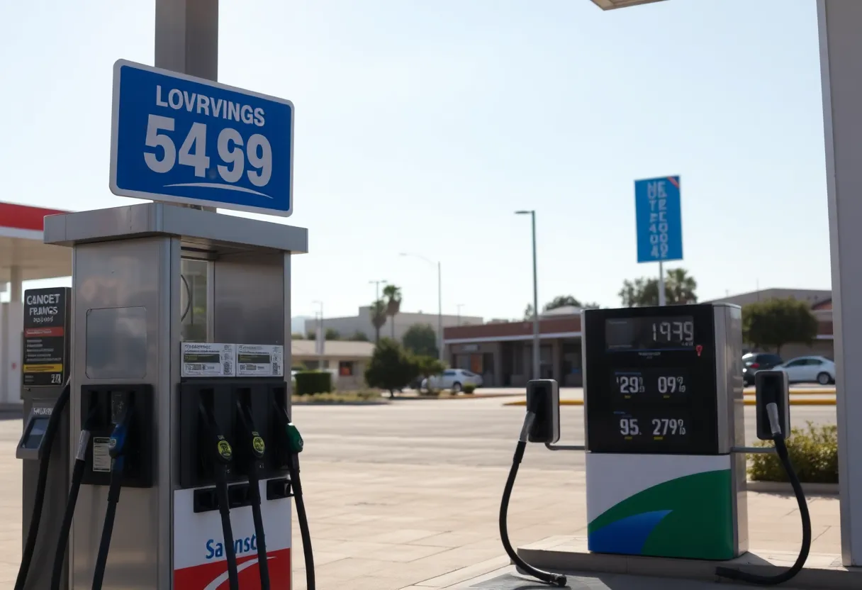 A gas station showing lower prices with a backdrop of sunny California.