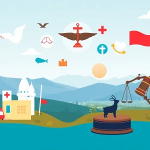 Illustration of healthcare reform in California with symbols of medicine and law.