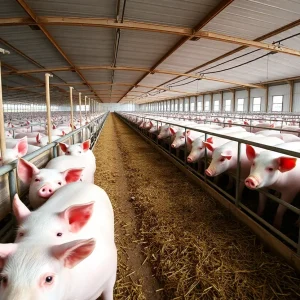 A picturesque view of a Midwest farm featuring pigs in their stalls, representing the impact of new animal welfare regulations.