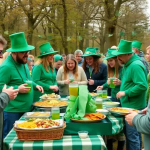 People celebrating St. Patrick's Day with food and green attire.