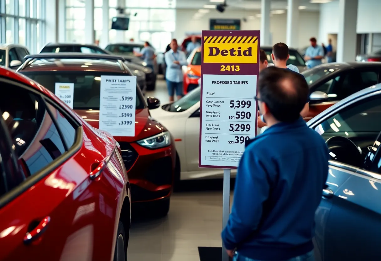 Automotive showroom showcasing new cars with price tags.