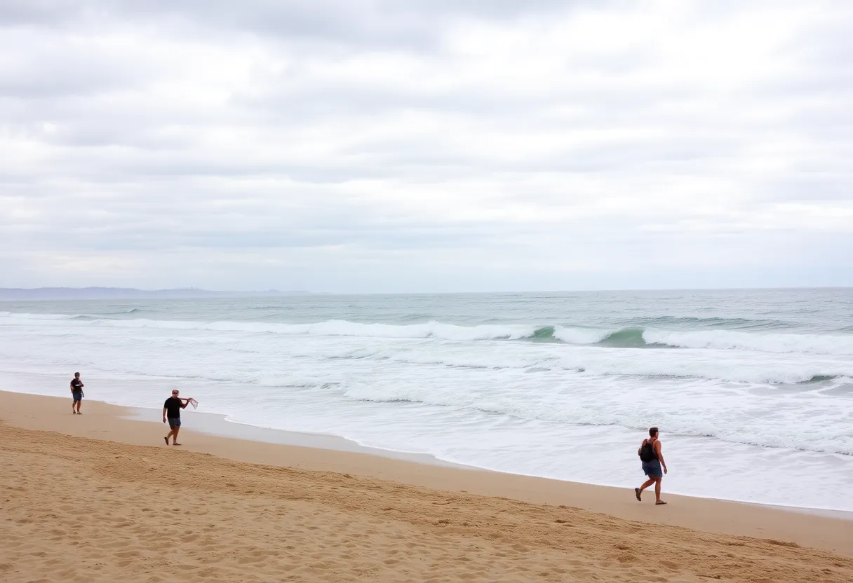 Scenic view of Orange County beach with elevated surf conditions.