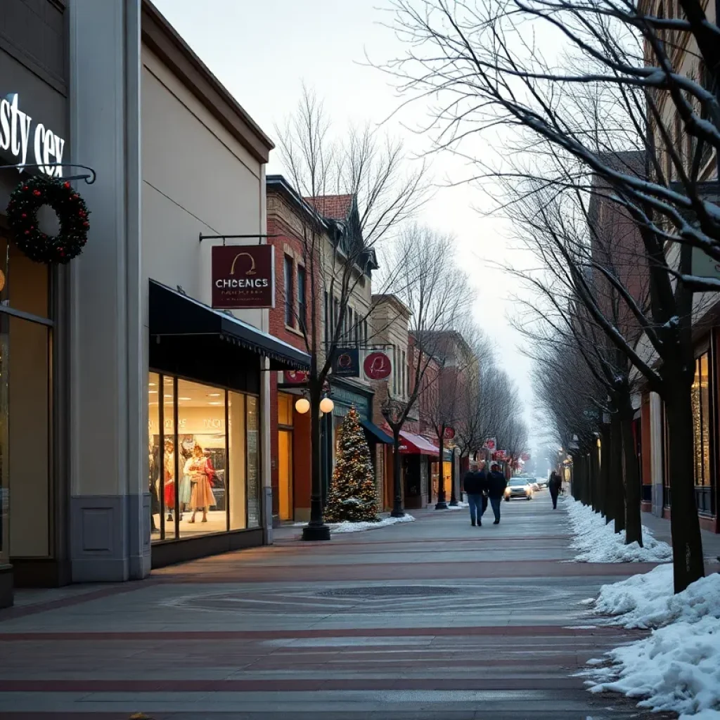 A deserted shopping street in Orange County during the holiday season