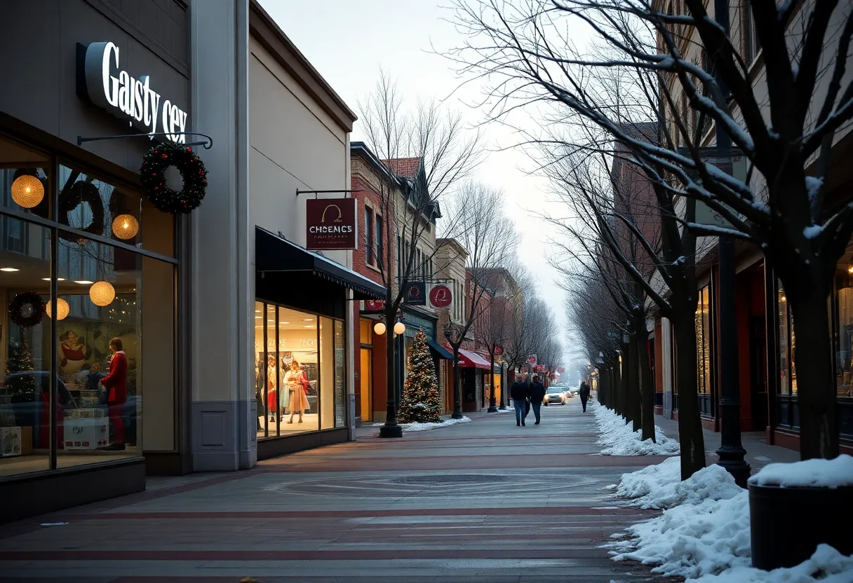 A deserted shopping street in Orange County during the holiday season