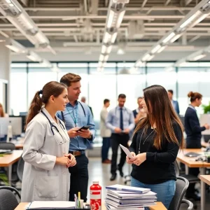 Job growth scene in Orange County with diverse workers