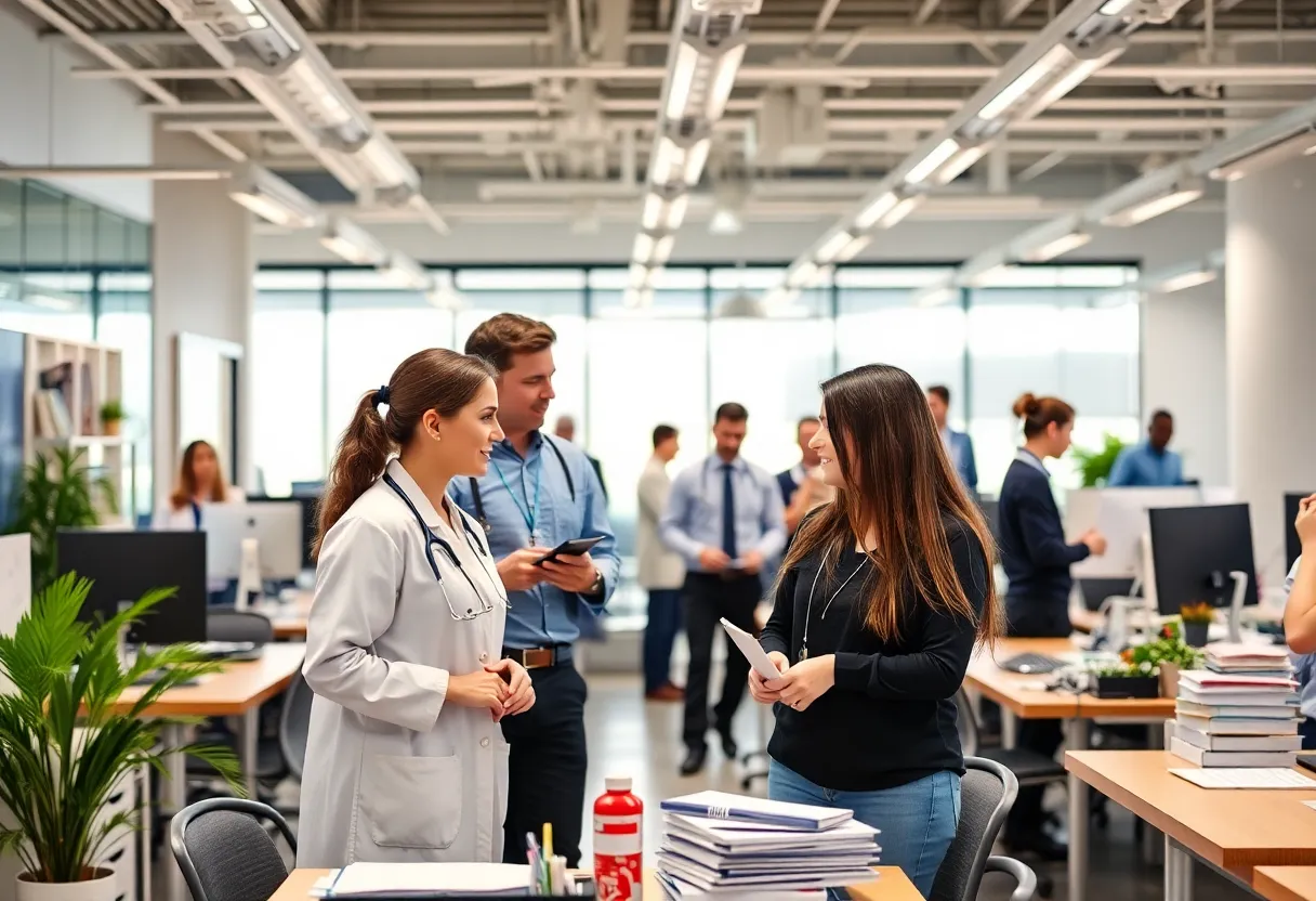 Job growth scene in Orange County with diverse workers