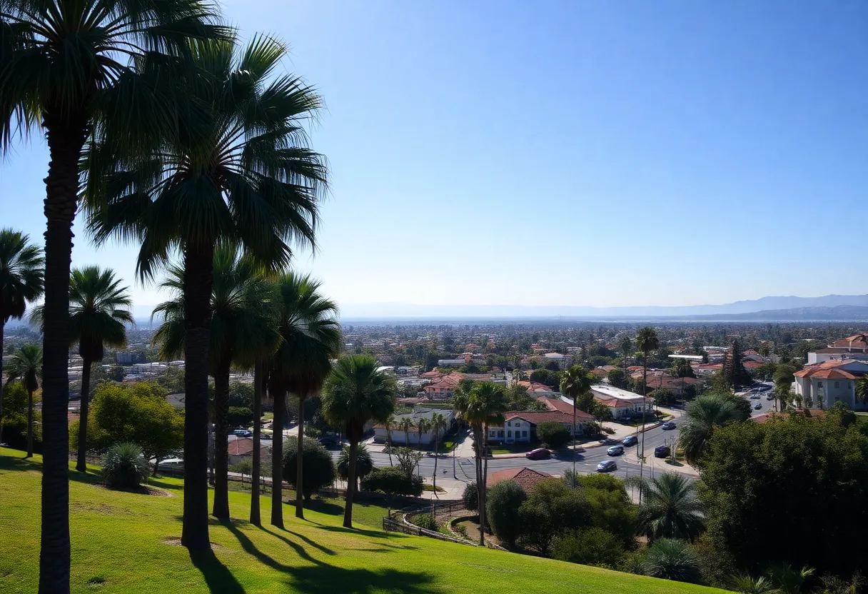 Sunshine and palm trees in Orange County under a cloudy atmosphere representing uncertainty.