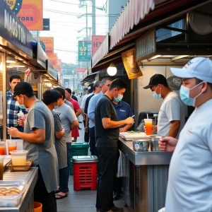 Street vendors in Orange County serving food to customers.