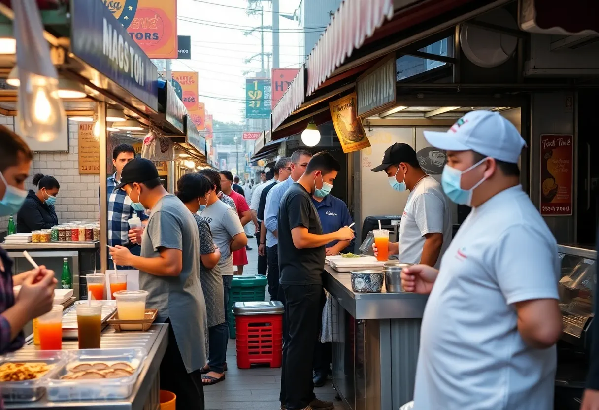 Street vendors in Orange County serving food to customers.